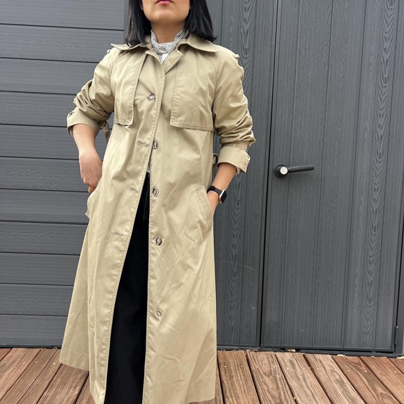 Vintage Utex Trench Coat Beige Classic Long Jacket Minimalist Belted small coat - Picture 9 of 10